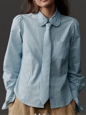 Anthropologie Necktie Oxford Button-Down Long-Sleeve Shirt Maeve NEW Blue